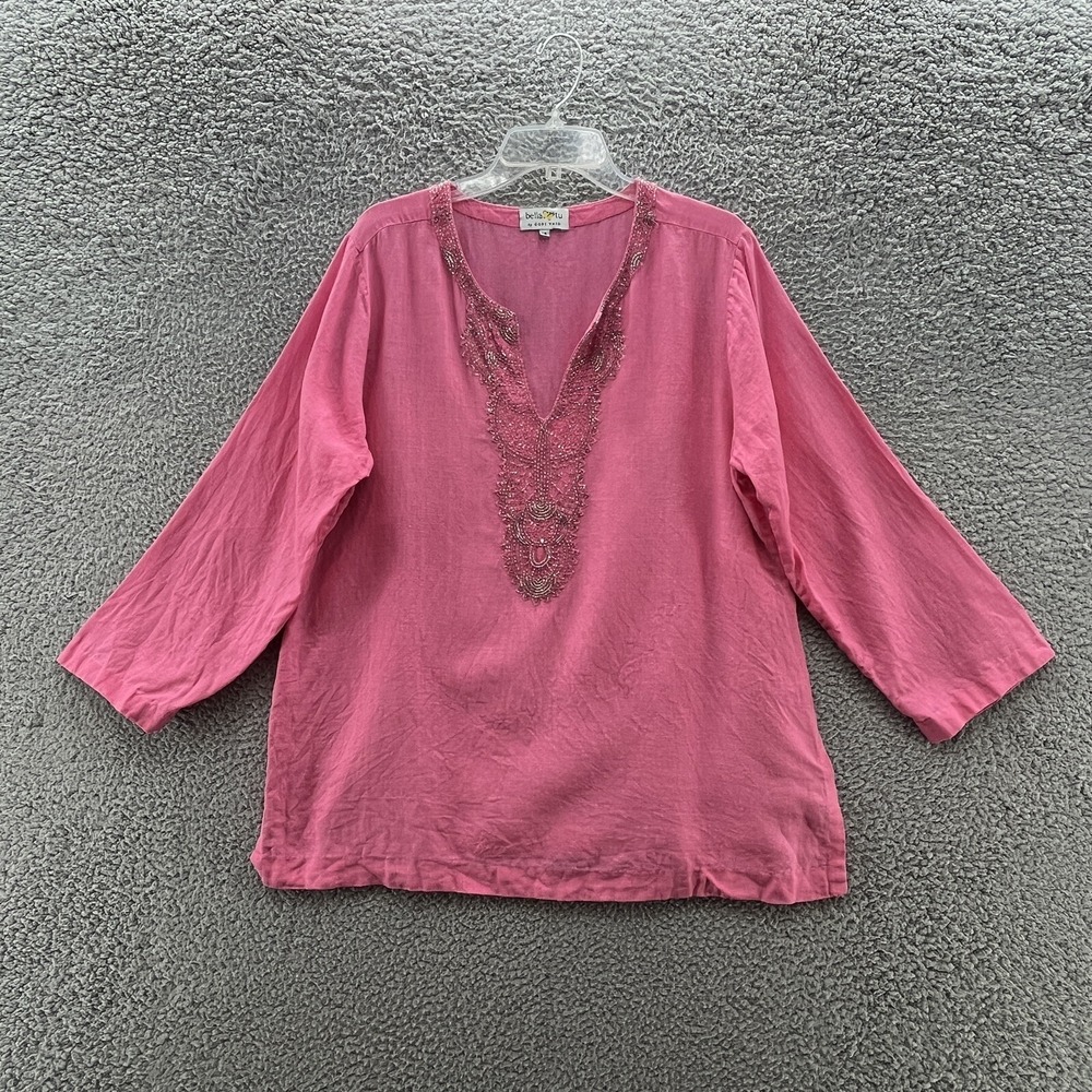 Bella Tu Gopi Vaid Blouse Womens 14 Pink Linen Beaded V Neck Pullover Tunic